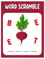 Beet word scramble . Educational game for kids. A workbook on spelling English for preschool children. vector