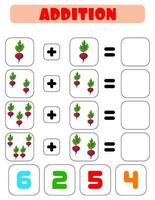 Addition of beets. A task for children. Educational development sheet. Color activity page. A game for children. Beetroot vector