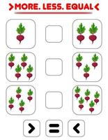 Compare the number of beets. Write the sign more , less, equal. Teaching children. Education for kindergarten vector
