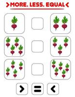 Compare the number of beets. Write the sign more , less, equal. Teaching children. Education for kindergarten vector