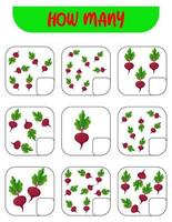 Count how many beets. Write down the answer. Educational games for kids vector