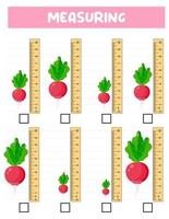 Measuring length  with ruler. Education developing worksheet. Game for kids.Vector illustration. practice sheets.Radish measurement in centimeters. vector