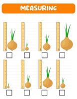 Measuring length  with ruler. Education developing worksheet. Game for kids.Vector illustration. practice sheets.Onion measurement in inches vector