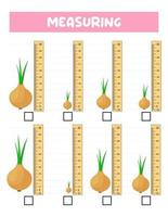 Measuring length  with ruler. Education developing worksheet. Game for kids.Vector illustration. practice sheets.Onion measurement in centimeters. vector