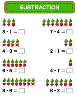 Subtraction.  Math worksheet for kids. Developing numeracy skills. Solve examples and write. Mathematics. Vector illustration.Educational math children game. Subtraction for kids