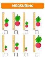 medir la longitud con la regla. hoja de trabajo de desarrollo educativo. juego para niños. ilustración vectorial. Hojas de práctica. Medida de rábano en pulgadas. vector