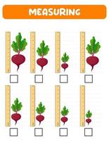 medir la longitud con la regla. hoja de trabajo de desarrollo educativo. juego para niños. ilustración vectorial. hojas de práctica.medida de remolacha en pulgadas vector