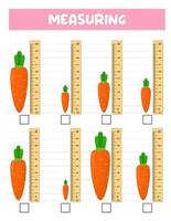 Measuring length  with ruler. Education developing worksheet. Game for kids.Vector illustration. practice sheets.Carrot measurement in centimeters. vector