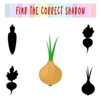 Find the right shadow. Cute onion. Educational game with vegetables. Logic games for children with an answer. A training card with a task for preschool and kindergarten children. vector