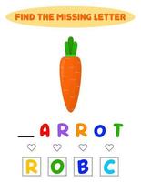 Find missing letter. Educational spelling game for kids.Education puzzle for children find missing letter of cute carrot printable bug worksheet vector