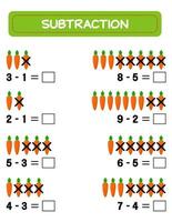 Subtraction.  Math worksheet for kids. Developing numeracy skills. Solve examples and write. Mathematics. Vector illustration.Educational math children game. Subtraction for kids