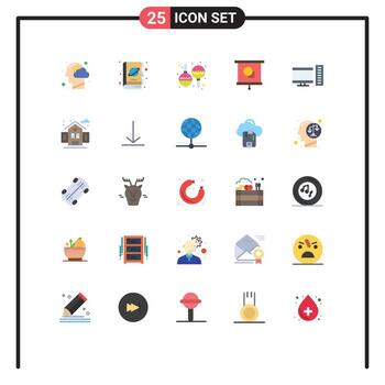 conjunto moderno de 25 colores planos y símbolos, como proyector de computadora, educación científica, música, elementos de diseño vectorial editables vector
