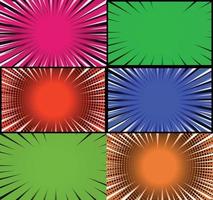 Comic book colorful frames background with halftone rays radial and dotted effects pop art style vector