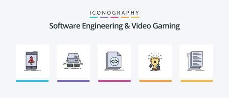 La línea de ingeniería de software y videojuegos llenó el paquete de 5 íconos, incluido el desarrollador. API. transmisión. tocar. juego de azar. diseño de iconos creativos vector