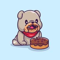 Cute Bulldog Eating Cake Cartoon Vector Icon Illustration. Animal Food Icon Concept Isolated Premium Vector. Flat Cartoon Style