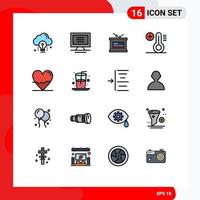 Modern Set of 16 Flat Color Filled Lines Pictograph of heart beat drum temperature climate Editable Creative Vector Design Elements