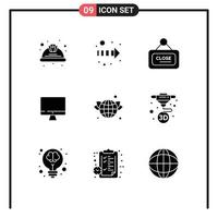 Group of 9 Solid Glyphs Signs and Symbols for globe hardware marketing screen computer Editable Vector Design Elements