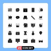 Pack of 25 creative Solid Glyphs of email phone calendar mobile cellphone Editable Vector Design Elements