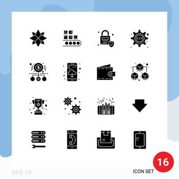 paquete de interfaz de usuario de 16 glifos sólidos básicos de producción de engranajes de aumento código fuente html elementos de diseño vectorial editables vector