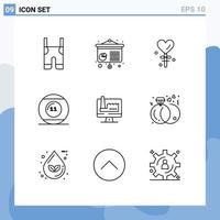 Universal Icon Symbols Group of 9 Modern Outlines of computer pool heart game ball Editable Vector Design Elements