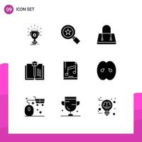 Set of 9 Commercial Solid Glyphs pack for sample computer bag audio book Editable Vector Design Elements