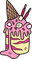 Hand Drawn Strawberry ice cream melted with cone illustration png