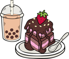 bolo de chocolate desenhado à mão e ilustração de chá de leite com bolhas png