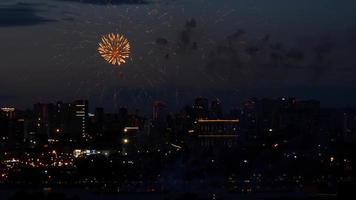 Firework with cityscape night light view of Novosibirsk skyline at twilight time video