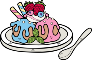 Hand Drawn strawberry ice cream on a plate illustration png