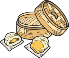 petit pain cuit à la vapeur dessiné à la main avec plateau en bambou illustration de la cuisine chinoise et japonaise png