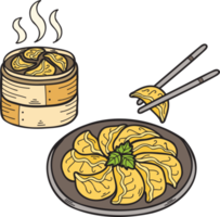 hand gezeichnete gyoza oder knödel mit bambustablett chinesische und japanische lebensmittelillustration png