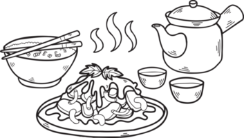conjunto de comida dibujado a mano con té ilustración de comida china y japonesa png