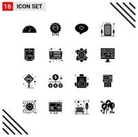 Mobile Interface Solid Glyph Set of 16 Pictograms of travel transport heart train office Editable Vector Design Elements