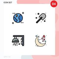 Modern Set of 4 Filledline Flat Colors and symbols such as astronomy shower digging spade date Editable Vector Design Elements