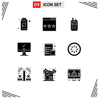 9 Universal Solid Glyphs Set for Web and Mobile Applications pc device search monitor wireless Editable Vector Design Elements