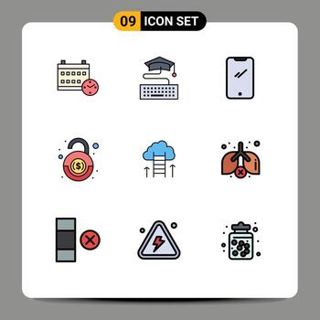 Mobile Interface Filledline Flat Color Set of 9 Pictograms of career path robbery phone financial iphone Editable Vector Design Elements