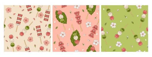 Set of seamless patterns with Japanese dango dessert. Vector graphics.