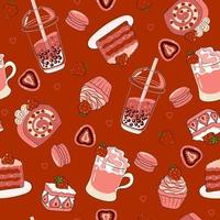 Seamless pattern with strawberry desserts and drinks. Vector graphics.