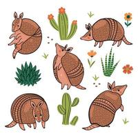Set of cute armadillos isolated on white background. Vector graphics.