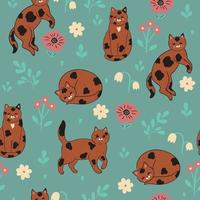 Seamless pattern with spotted cats and flowers. Vector graphics.