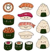 Set of kawaii sushi and onigiri isolated on white background. Vector graphics.