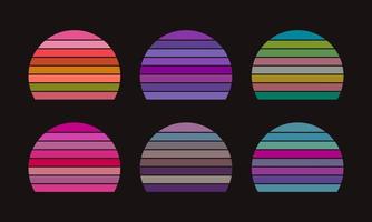 Retro sunset, abstract 80s style grunge striped sunsets. Vintage colorful striped circles for logo or print design elements vector set.