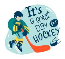 Flat Hockey Emblem with a goalie. Ice Hockey Label with motto and goalkeeper. Simple, doodle, cartoon, hand drawn vector