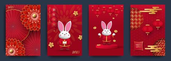 Set of greeting cards for Chinese New Year celebration. Red fans, lanterns, ceramic rabbit and gold pattern. Translated from Chinese - Happy New Year. Vector