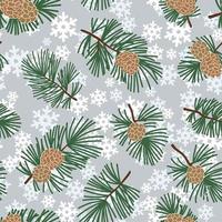 patrón floral de invierno transparente con cono de hoja perenne y copos de nieve. textura navideña. fondo de bosque nevado. vector