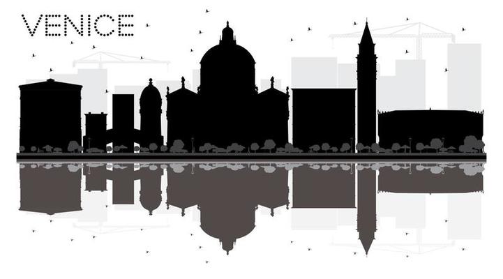 Venice City skyline black and white silhouette with reflection.