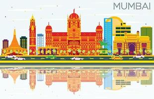 Mumbai Skyline with Color Buildings, Blue Sky and Reflections. vector