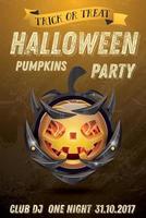 Halloween Party Flyer with Pumpkin with Fire Flames on Armor. vector