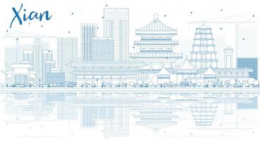 Outline Xian Skyline with Blue Buildings and Reflections. vector