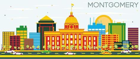 Montgomery Skyline with Color Buildings and Blue Sky. vector